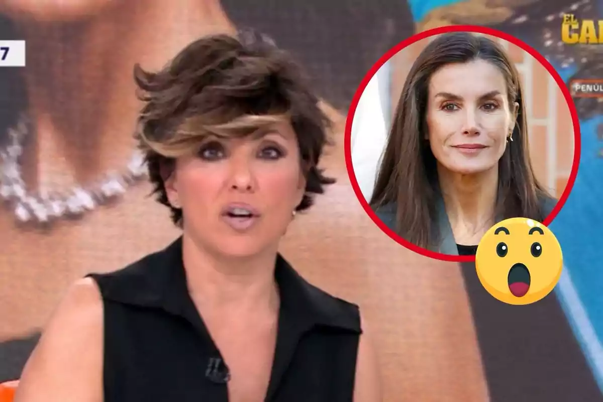 A TV host is speaking while a red circle with the image of another woman and a surprised emoji appears on the screen.