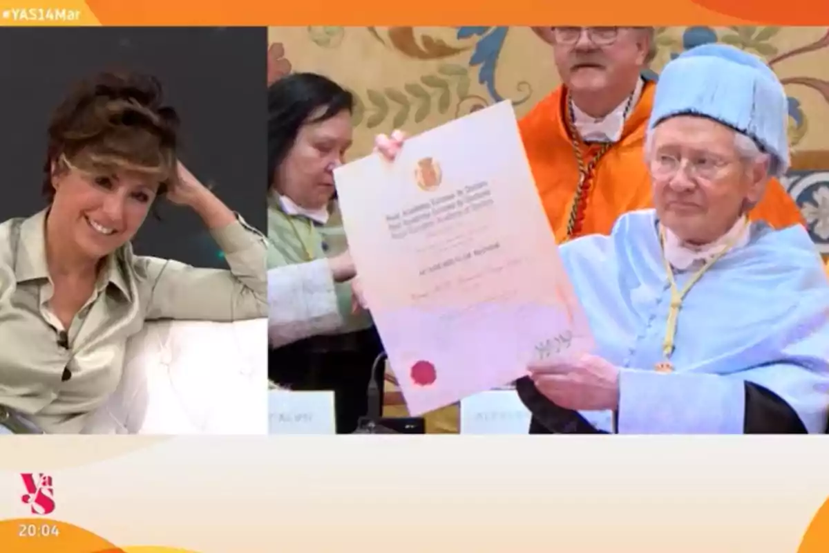 Una persona somriu mentre observa una altra que sosté un diploma en una cerimònia acadèmica. Una persona somriu mentre observa una altra que sosté un diploma en una cerimònia acadèmica.