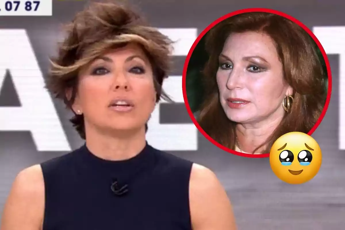 A short-haired, dark-haired TV host appears on screen, while in the upper right corner there is a circular box with the image of another woman with brown hair and a crying face emoji.