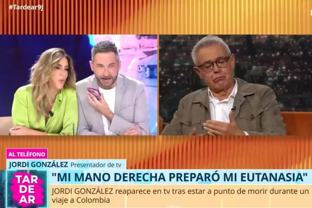 Dos presentadors conversen amb un home gran a través d’una videotrucada en un programa de televisió, amb gràfics i textos informatius a la pantalla. Dos presentadors conversen amb un home gran a través d’una videotrucada en un programa de televisió, amb gràfics i textos informatius a la pantalla.