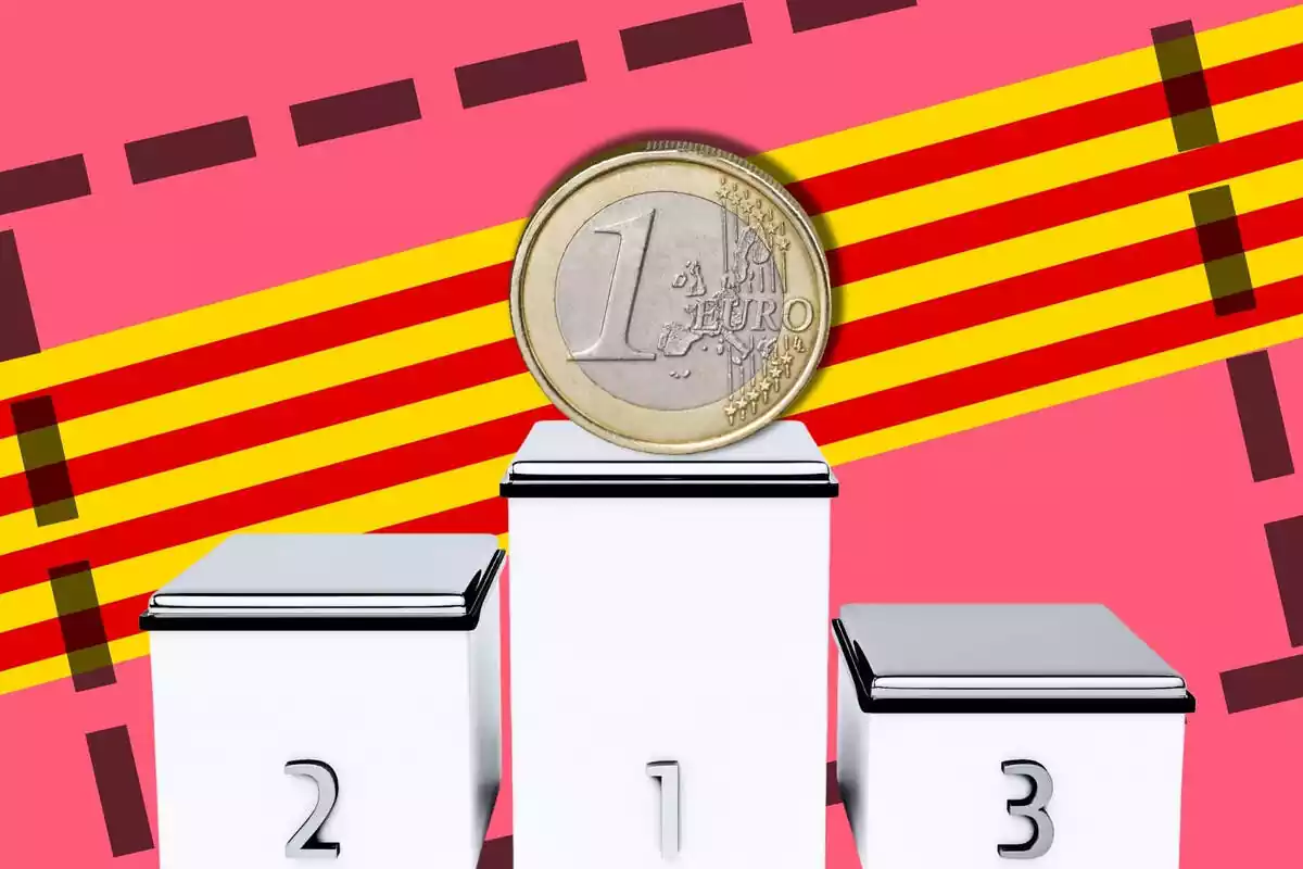 Muntatge amb un podi amb una moneda d'euro al primer lloc, amb la bandera catalana de fons