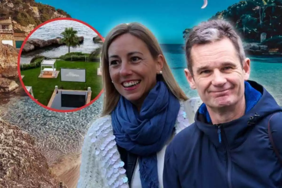 Iñaki Urdangarin i Ainhoa Armentia sobre un fons d'una platja ia la seva esquerra una rodona vermella amb un jardí davant del mar amb uns llits