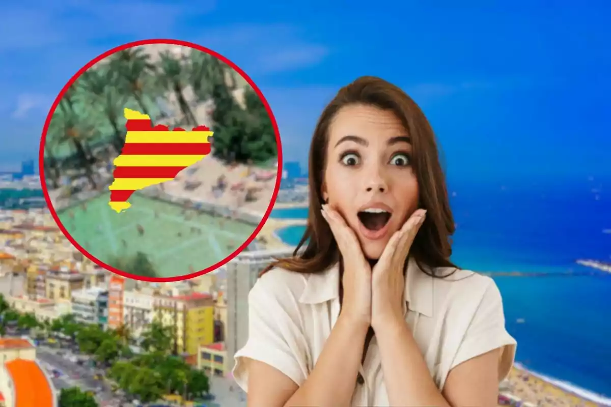 Dona sorpresa amb les mans a la cara davant d'un paisatge urbà i una platja, amb un cercle que conté la silueta de Catalunya amb la bandera catalana.