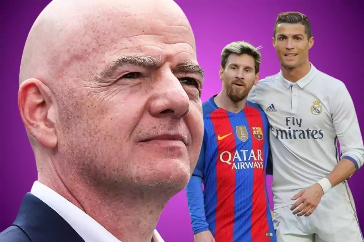 Un home calb en primer pla amb dos futbolistes famosos al fons sobre un fons morat