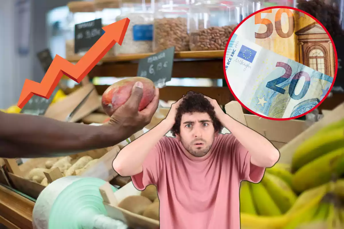 Muntatge de la pujada del preu dels aliments, en què veiem uns bitllets, un home sorprès i un prestatge de la fruita