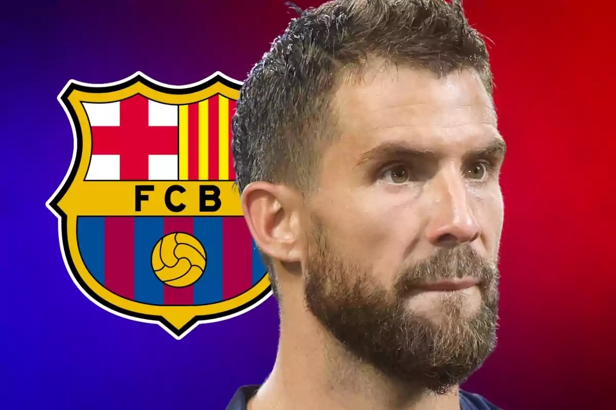 A bearded man in front of the FC Barcelona crest against a gradient background from blue to red.