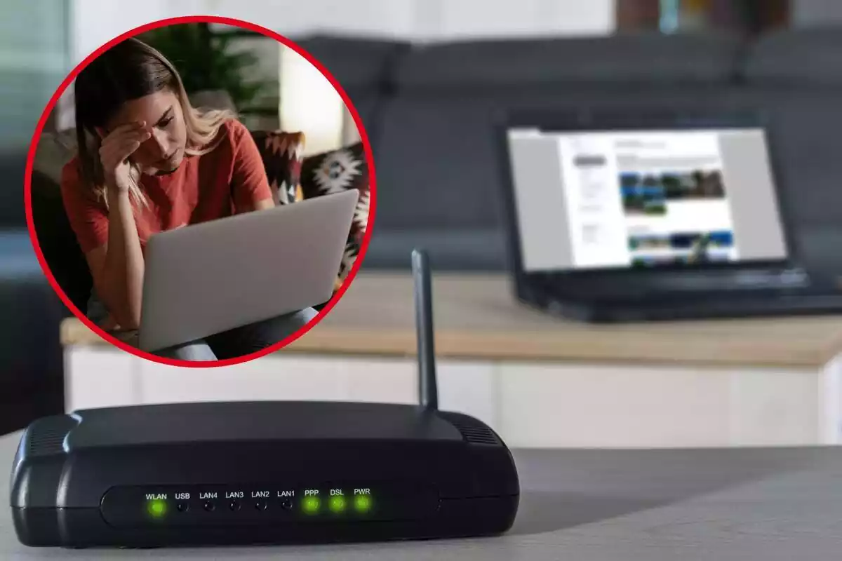 Imatge de fons d´un portàtil i un router en un menjador i una altra imatge d´una dona amb gest preocupat davant d´un ordinador