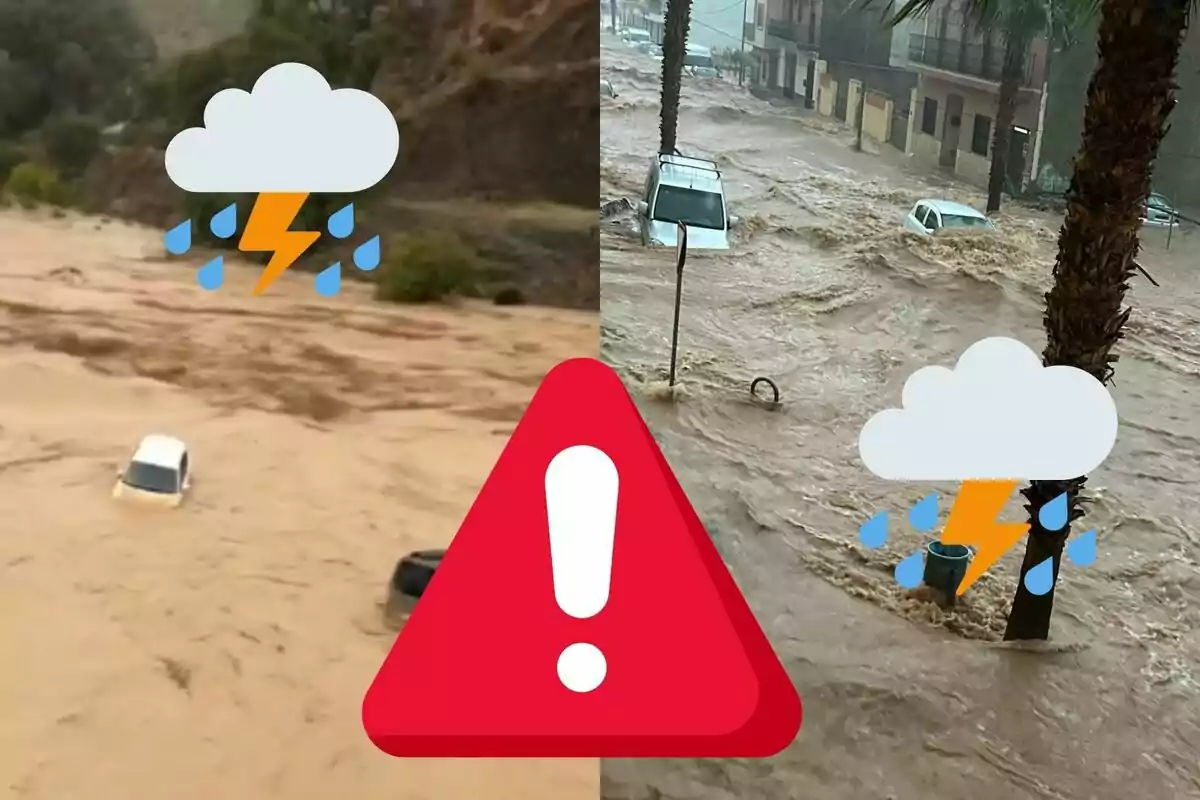 Cotxes submergits en una inundació amb icones d'alerta i tempesta.