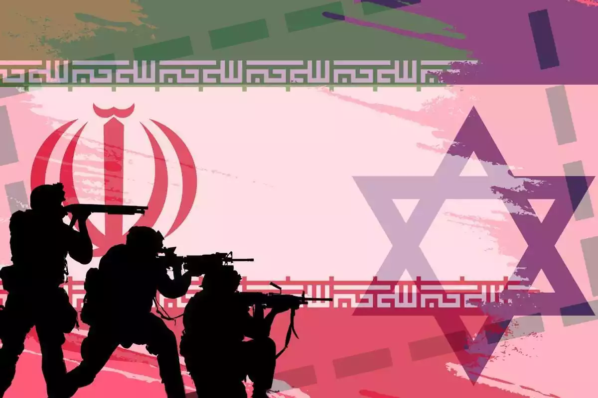 Muntatge amb les banderes de l'Iran i Israel amb uns soldats en primer pla