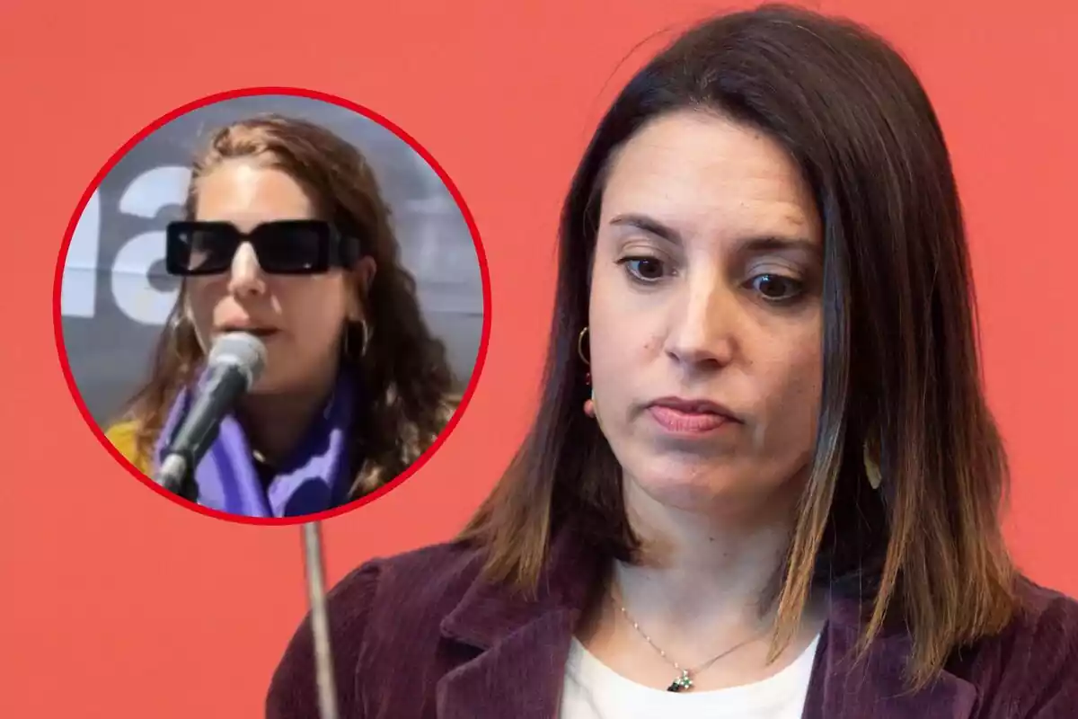 Muntatge d´un pla curt d´Irene Montero mirant a terra i un marc amb la captura d´un vídeo d´una dona amb ulleres de sol parlant davant d´un micròfon