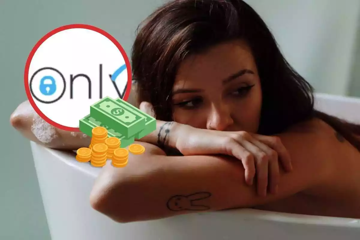 Iris en una banyera i un logo d'onlyfans i emoji de diners