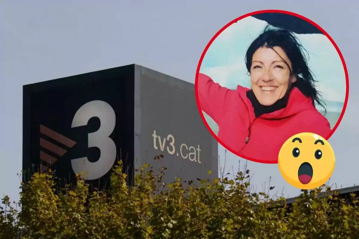 Edifici de TV3 amb un cercle vermell que mostra una dona somrient i un emoji sorprès.