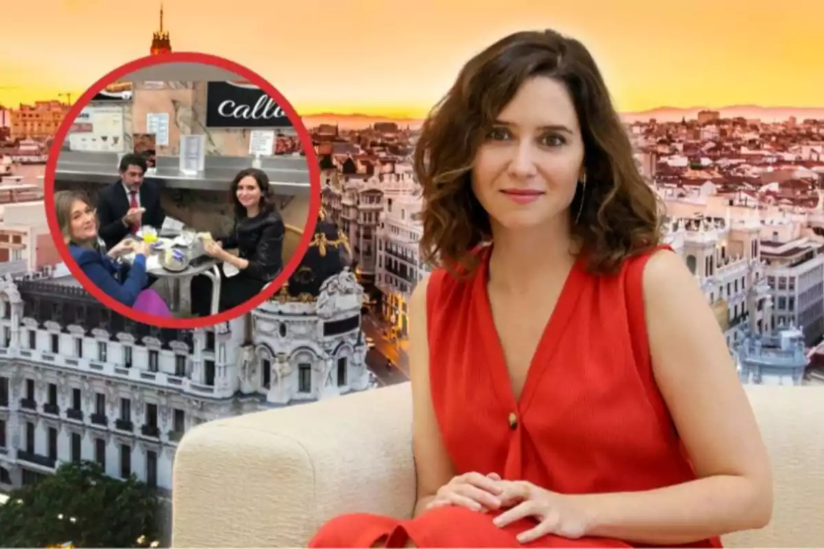 Isabel Díaz Ayuso sobre un fons de Madrid ia la dreta un cercle en què surt asseguda amb 2 persones més menjant