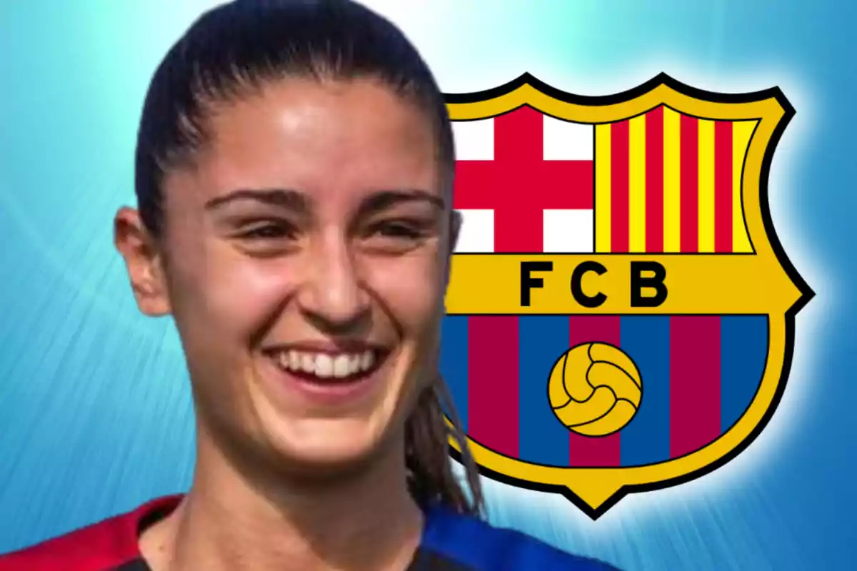 A person smiling with the FC Barcelona crest in the background.