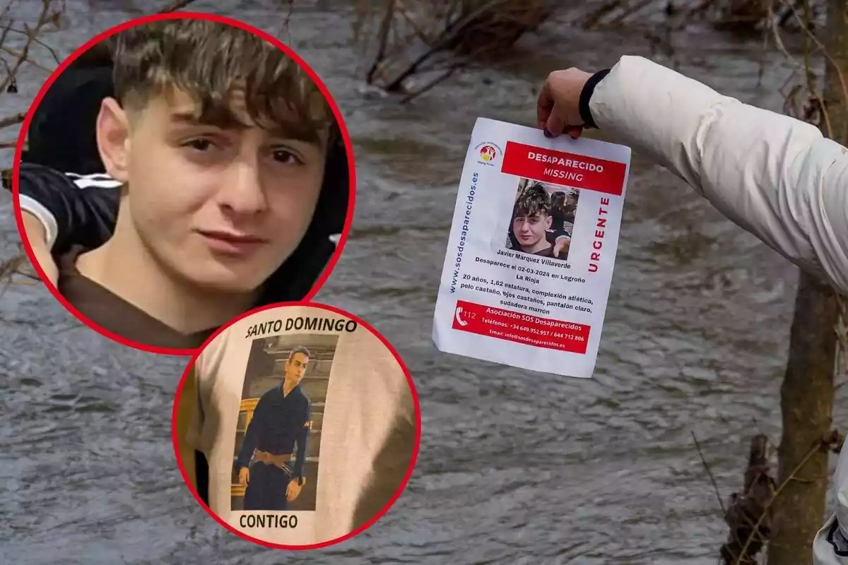 Imatge de fons d'una persona amb un cartell del jove Javier Márquez i dues imatges més del noi