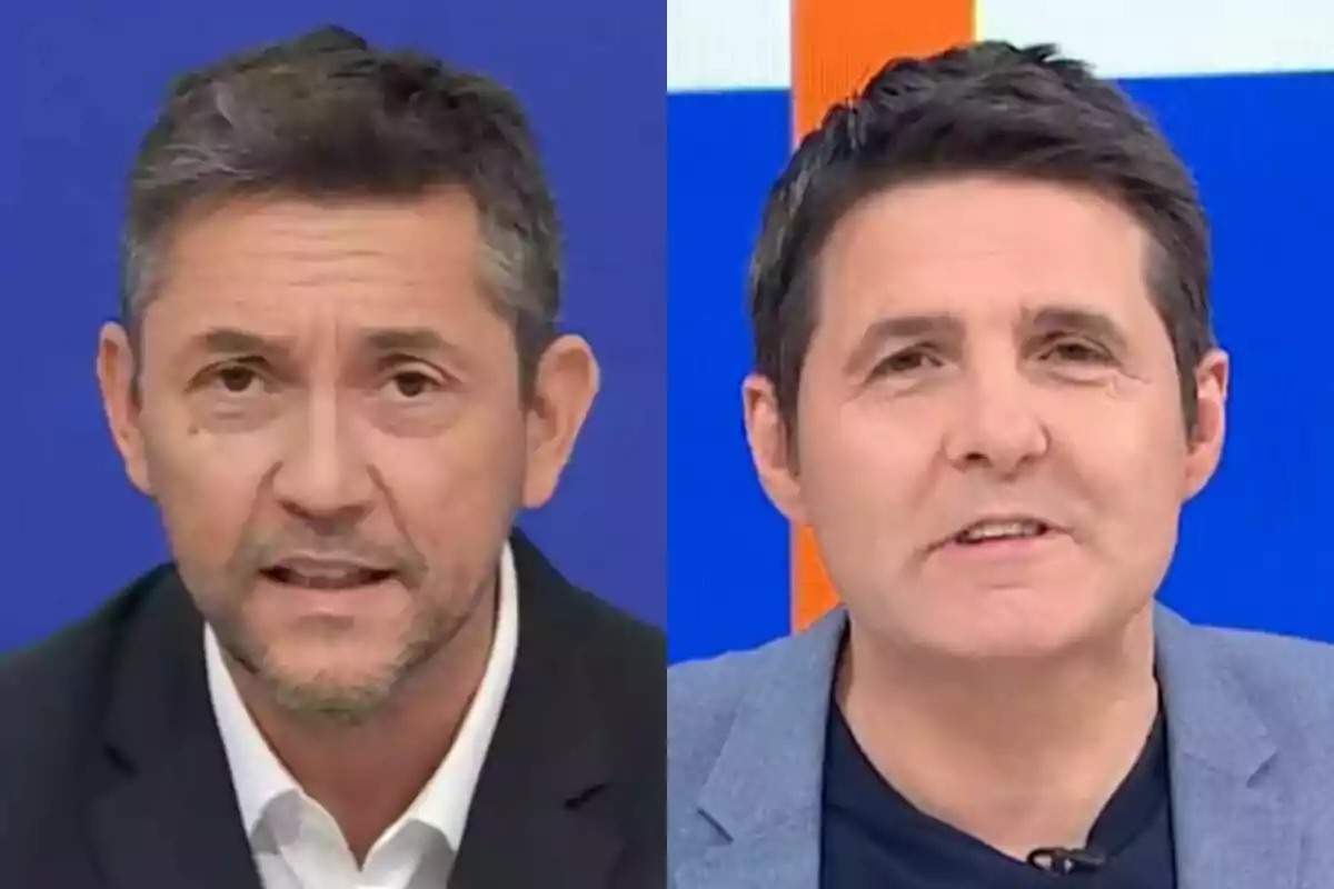 Javier Ruiz a Mañaneros i Jesús Cintora a Malas Llengües, tots dos en un estudi de televisió amb fons blau i taronja.