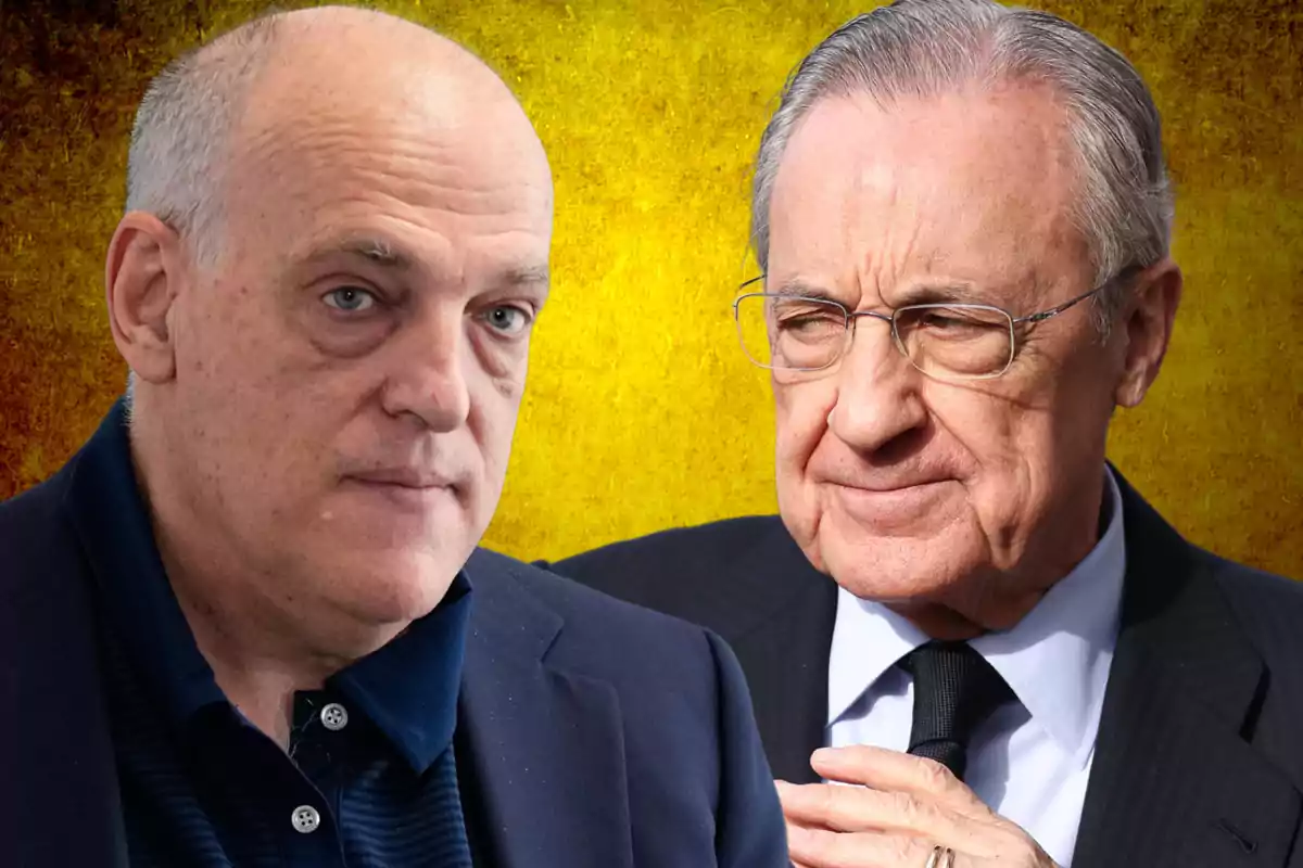 Dos hombres mayores con expresiones serias, uno con chaqueta azul y el otro con traje oscuro, sobre un fondo amarillo. Dos hombres mayores con expresiones serias, uno con chaqueta azul y el otro con traje oscuro, sobre un fondo amarillo.
