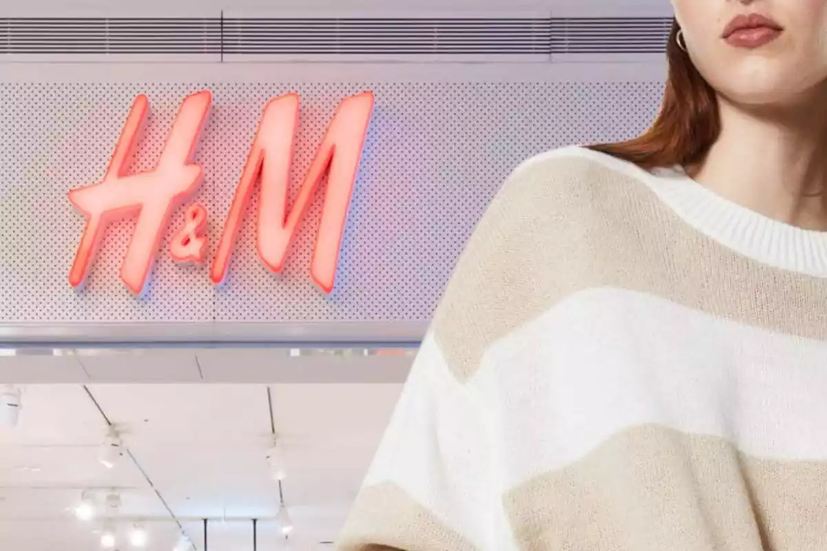Muntatge amb una imatge de fons d´una botiga H&M i en primer pla una imatge d´una model posant amb un jersei de la marca