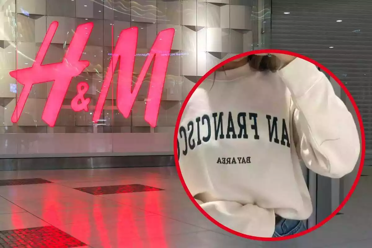 Imatge de fons d'un logotip d'H&M amb una altra persona posant amb un jersei de la marca