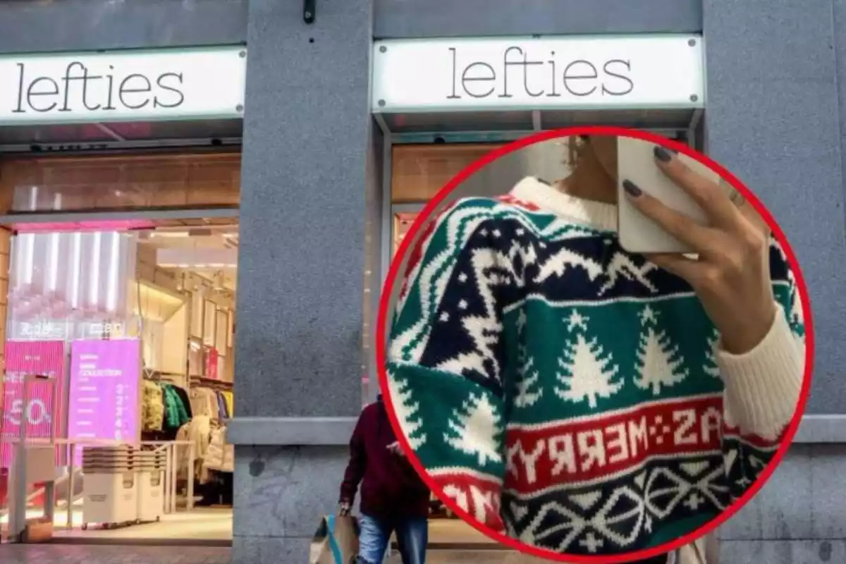 Muntatge amb una imatge de fons d´una botiga Lefties i una altra d´una persona amb un jersei de Nadal