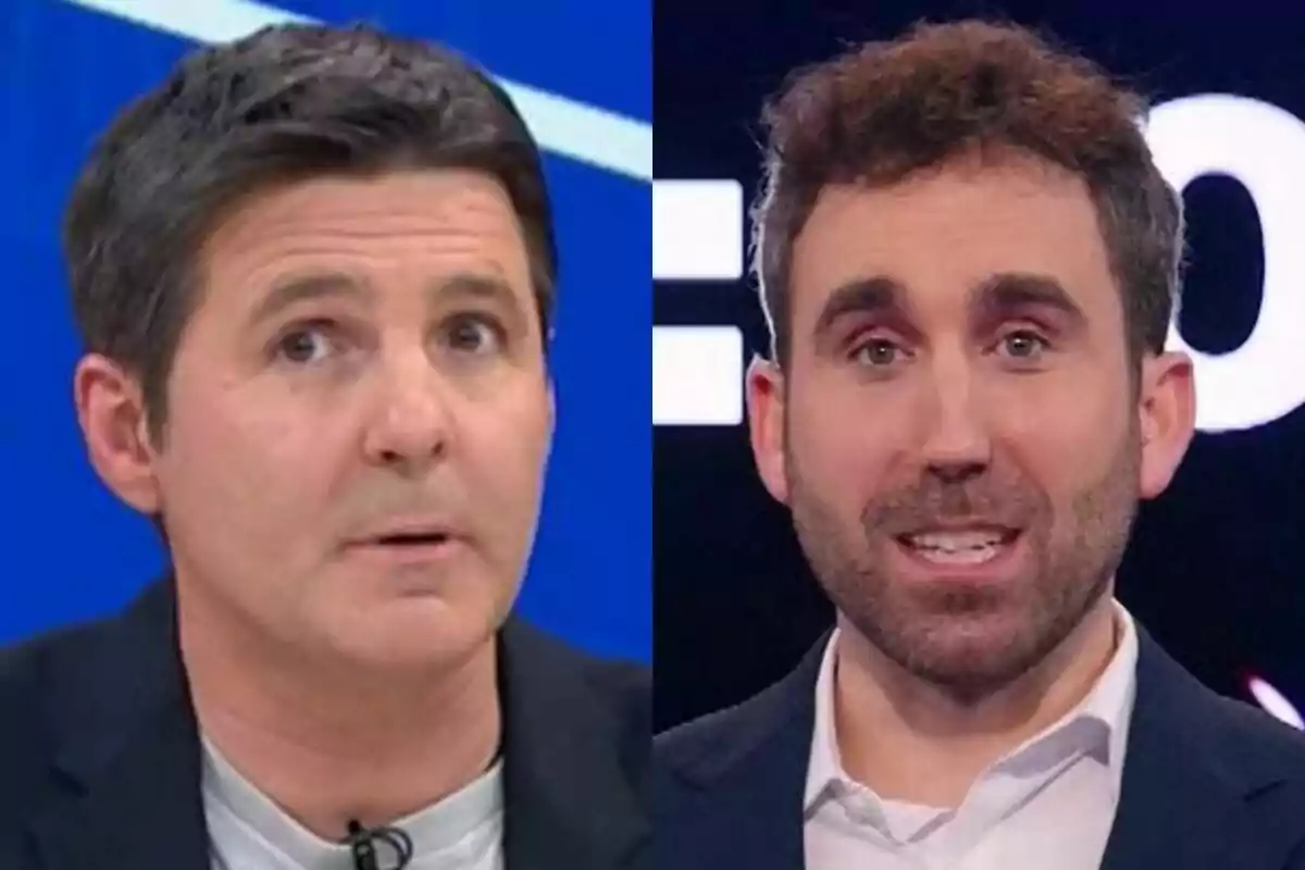 Dos homes de mitjana edat apareixen en primer pla, cadascun en un entorn d’estudi de televisió diferent, Jesús Cintora a Malas Lenguas amb fons blau i Aitor Albizua amb fons fosc i lletres blanques a Cifres i Lletres.