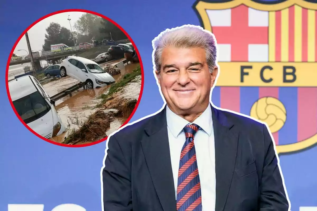 Un hombre sonriente con traje y corbata aparece frente a un escudo del FC Barcelona, mientras que en un recuadro se muestra una escena de inundación con varios coches afectados.