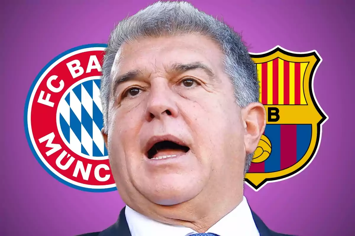 Un hombre con expresión seria frente a los escudos del FC Bayern Múnich y el FC Barcelona sobre un fondo morado.