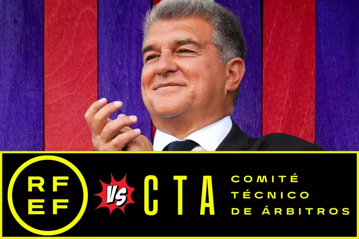 Home amb vestit somrient davant d’un fons blau i vermell amb un gràfic a la part inferior que mostra els logotips de la RFEF i el CTA al costat de la paraula vs i el text Comitè Tècnic d’Àrbitres