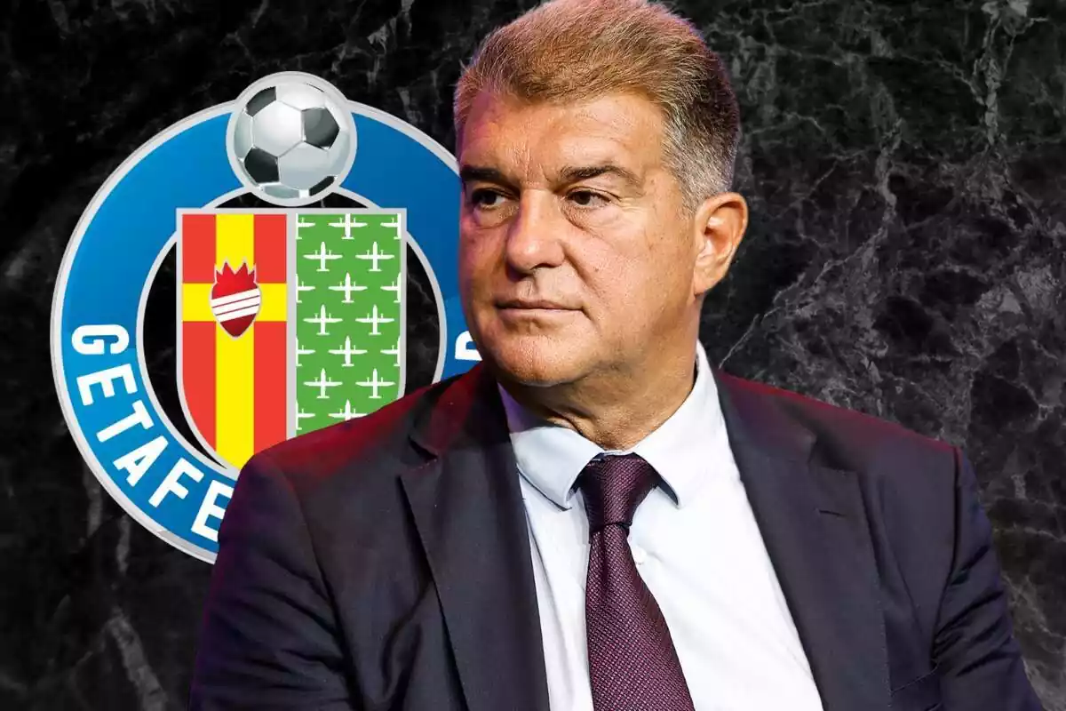 Muntatge de Joan Laporta amb l'escut del Getafe