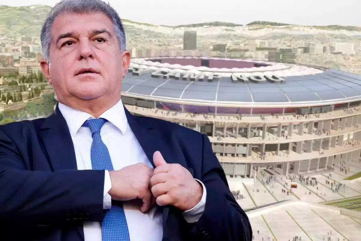 Joan Laporta en primer pla amb el nou Spotify Camp Nou de fons