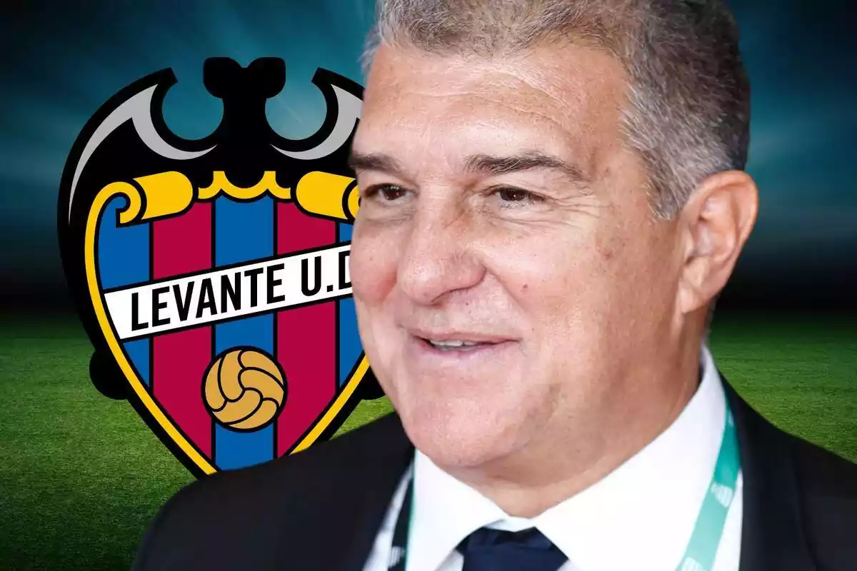 Joan Laporta mirant al capdavant amb un mig somriure al costat de l'escut del Llevant