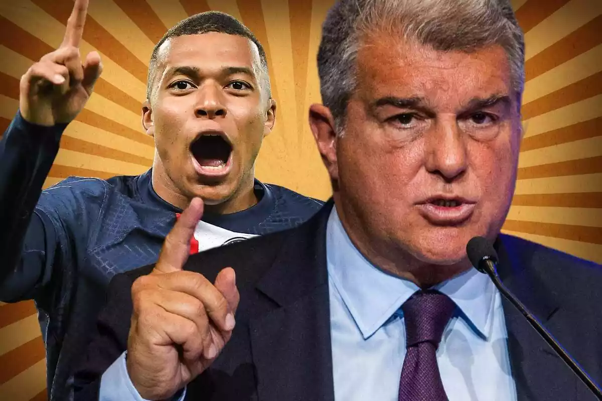 Joan Laporta amb Kylian Mbappé sobre un fons de ratlles grogues i marrons