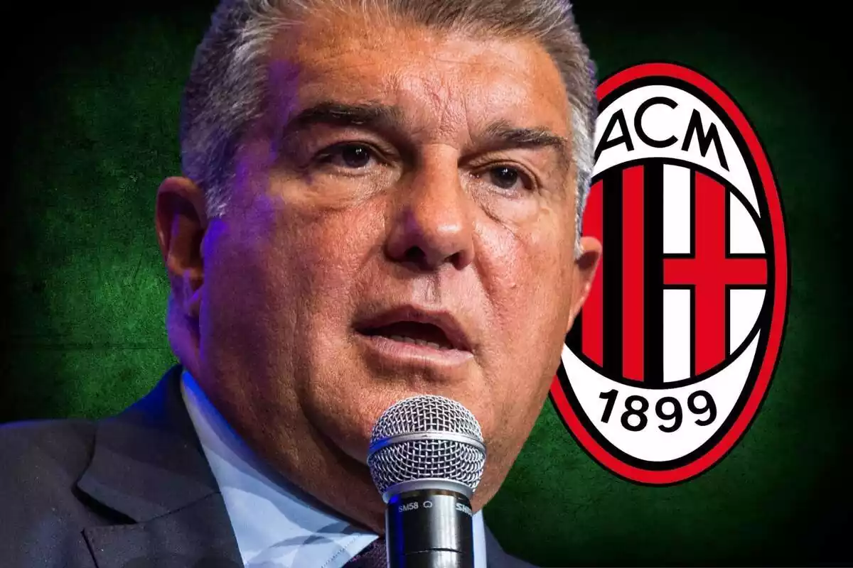 Joan Laporta a tocar de l'escut de l'AC Milan