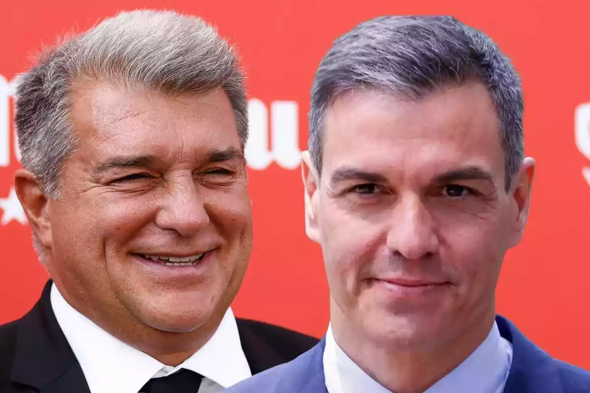 Muntatge de Joan Laporta somrient mentre mira Pedro Sánchez