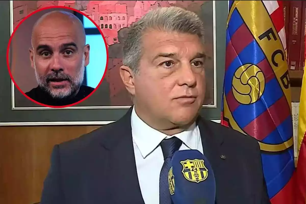 Pep Guardiola i Joan Laporta en primer pla