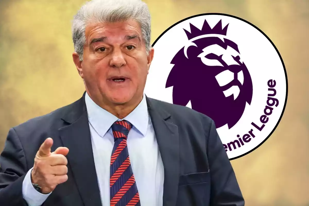 A man in a suit and tie in front of the Premier League logo.