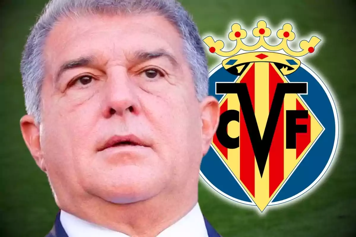 A gray-haired man with a serious expression in front of the Villarreal CF crest.