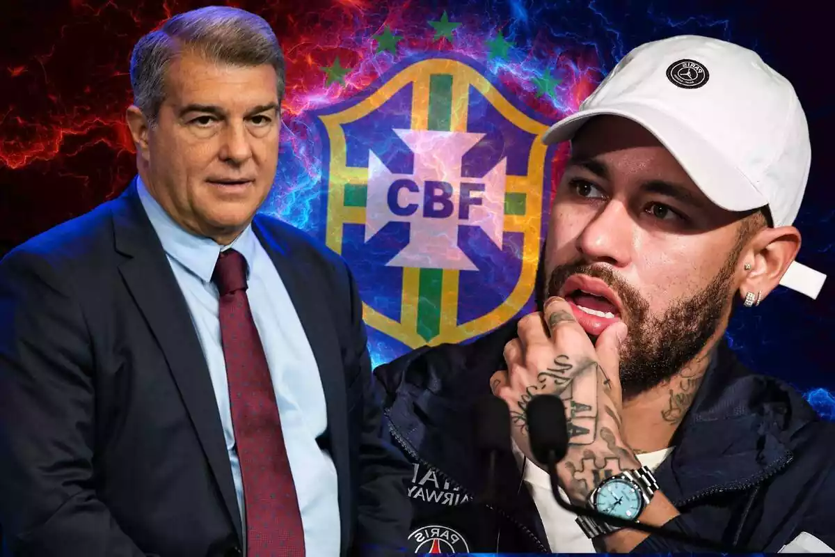 Joan Laporta i Neymar en primer pla amb l'escut del Brasil de fons