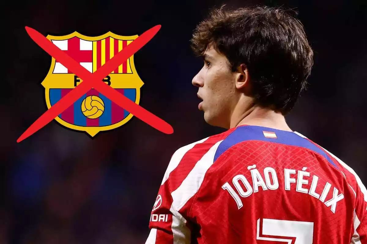Joao Félix, from behind, looking at an FC Barcelona shield with a red cross Joao Félix, from behind, looking at an FC Barcelona shield with a red cross