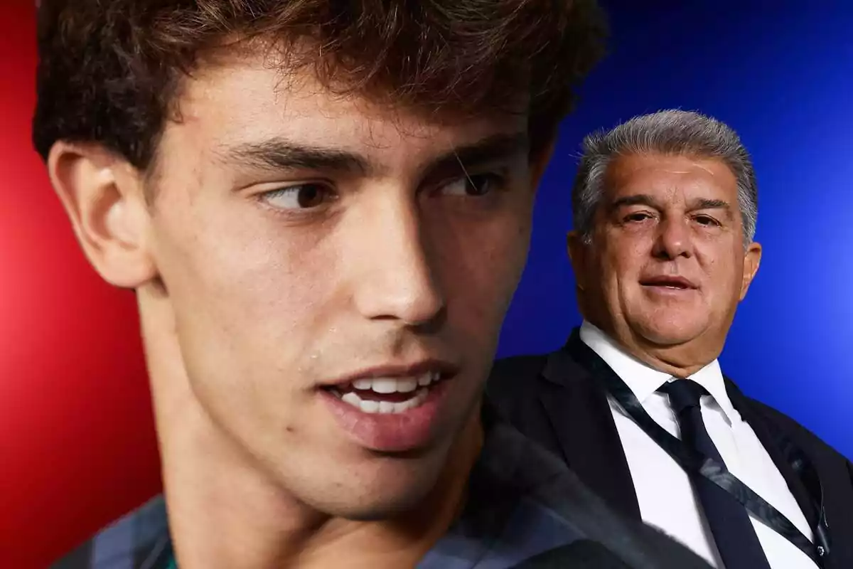 Joao Félix mira de reüll Joan Laporta sobre un fons vermell i blau