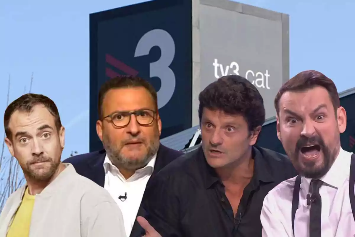 Muntatge amb una imatge del rètol de TV3 de fons i plànols mig curts de Joel Díaz, Toni Soler, Joel Joan i Òscar Andreu