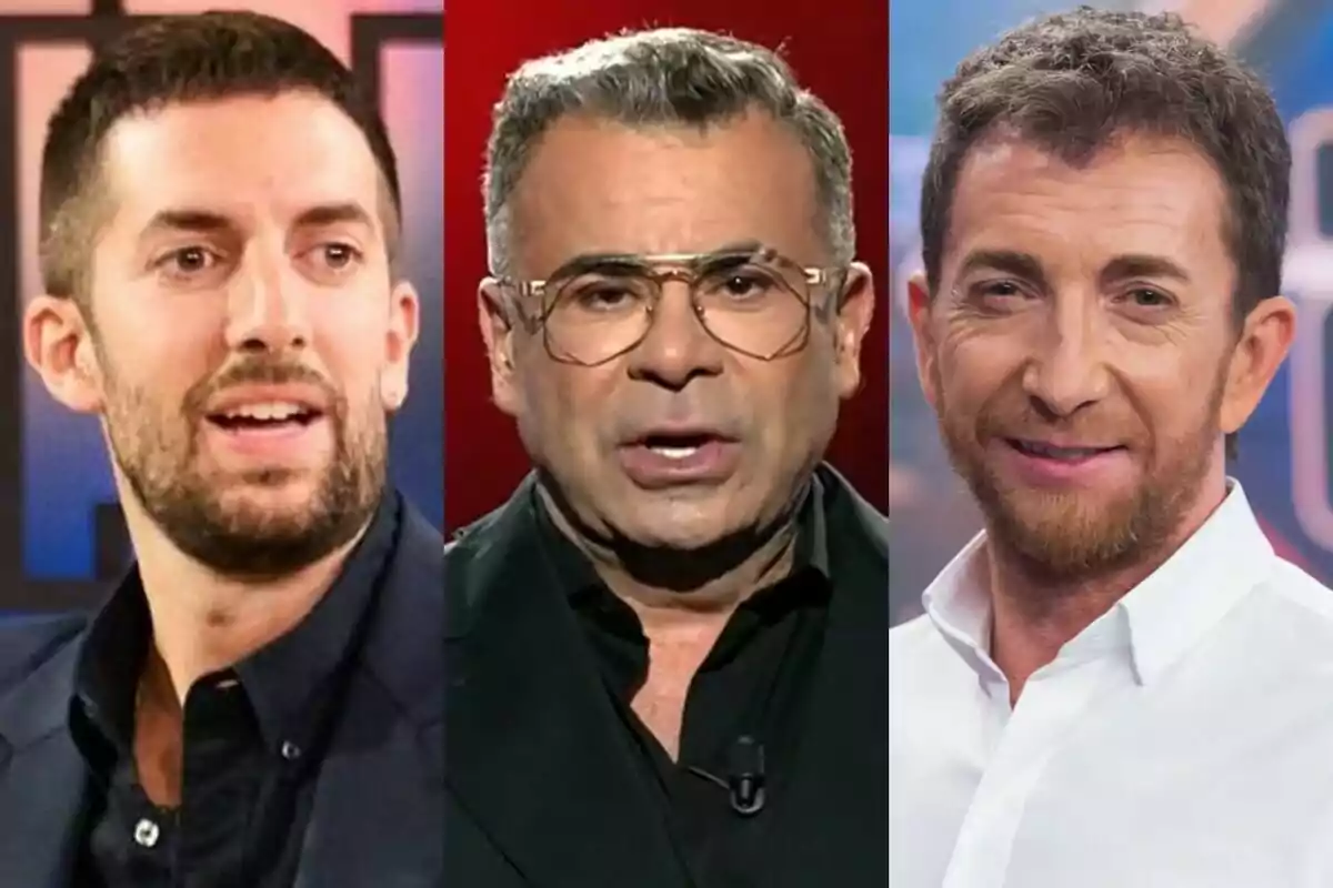 Muntatge de David Broncano a la Revolta a l'esquerra, Jorge Javier Vázquez a Gran Hermano al centre i Pablo Motos a El Hormiguero a l'esquerra.