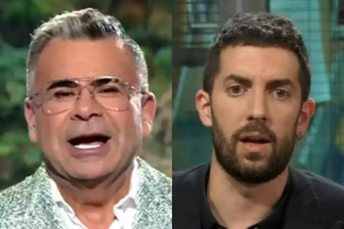 Dos homes apareixen en primer pla, Jorge Javier Vázquez amb ulleres i cabells canosos a Supervivientes a l’esquerra i David Broncano amb barba i cabell fosc a La Revuelta a la dreta, tots dos amb expressions serioses.