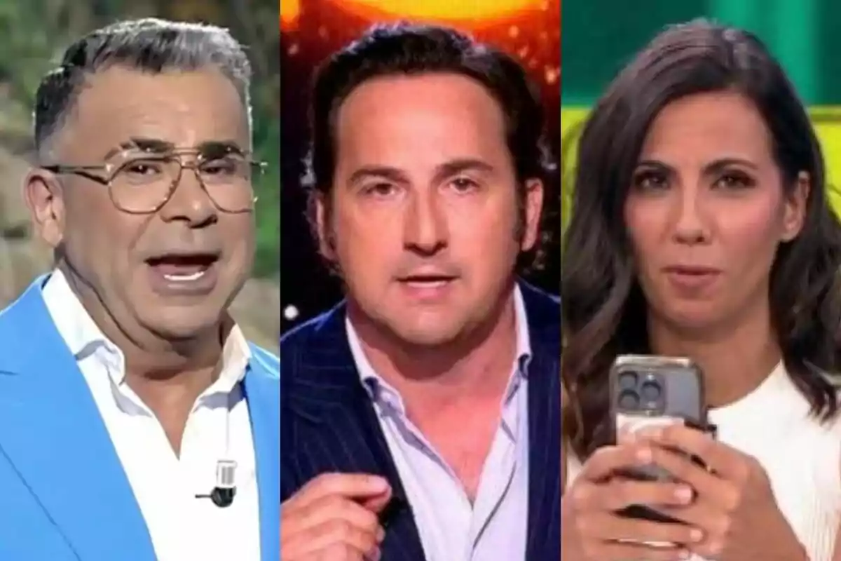 Tres presentadors de televisió en primer pla, Jorge Javier Vázquez a Supervivientes, Iker Jiménez a Horizonte i Ana Pastor a El Objetivo, cadascun en un entorn diferent, mirant cap a la càmera.