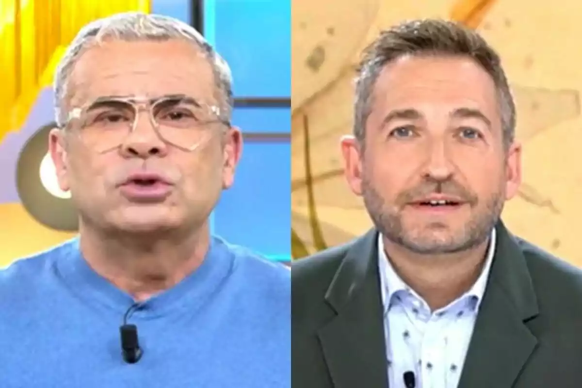 Dos hombres en un programa de televisión, Jorge Javier Vázquez con suéter azul y gafas en El Diario de Jorge, Frank Blanco con chaqueta verde y camisa blanca en Tardear.