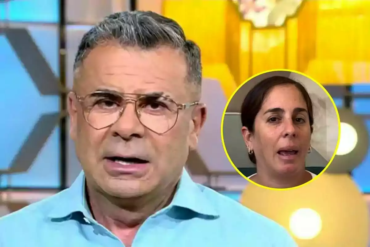 Jorge Javier Vázquez con gafas y camisa azul aparece en un estudio de televisión, con un recuadro que muestra a Anabel Pantoja en la esquina superior derecha.