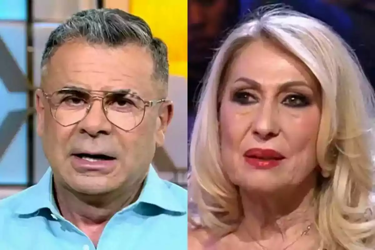 Dos personas en un programa de televisión, Jorge Javier Vázquez con camisa azul y gafas, Rosa Benito con cabello rubio y maquillaje llamativo en De Viernes.