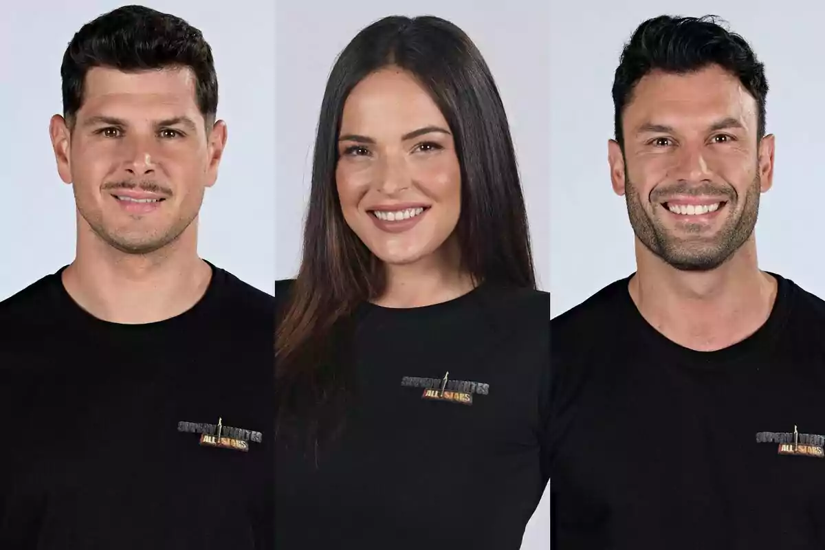 Montaje de Alejandro Nieto, Marta Peñate y Jorge Pérez con camisetas negras que tienen un logo que dice "Supervivientes All Stars".