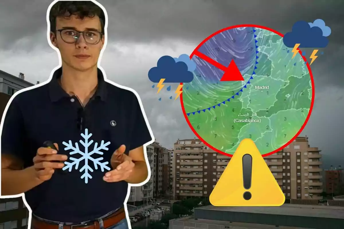 Un home amb ulleres i un símbol de floc de neu a la camisa està davant d'un fons de cel ennuvolat, al costat d'un gràfic meteorològic que mostra una advertència de tempesta sobre Madrid.