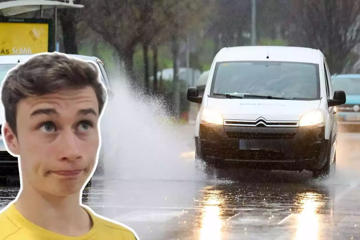 Imatge de fons d'un cotxe circulant amb pluja i una altra de la cara de Jorge Rey